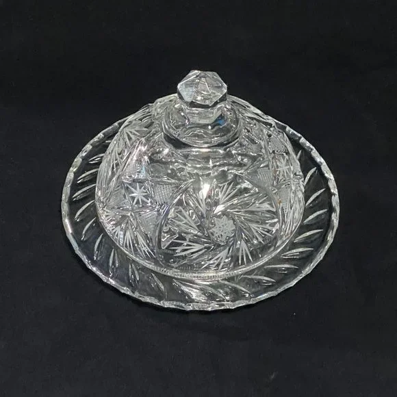 Eleanor American Cut Round Glass Cover Butter/Cheese Dish Pinwheel Fan Stars - Picture 2 of 11